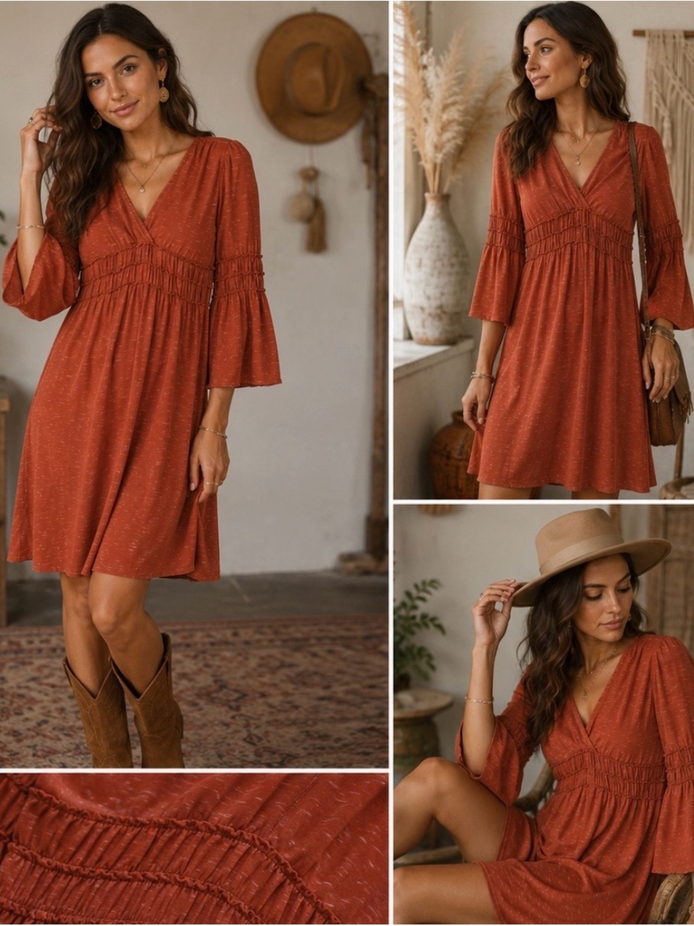Max Studio Rust Orange Boho Bell Sleeve Dress XS Peasant Prairie Cottagecore Fal